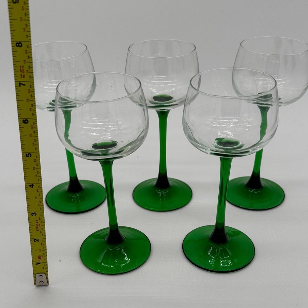 1950s Crystal d'Arques Verrier Luminarc France Green Stem Wine Glasses Set of 5 - Picture 3 of 5